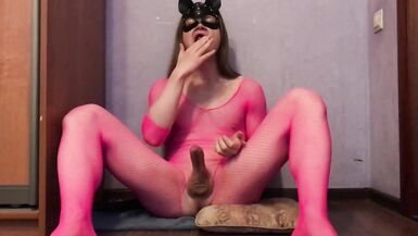 Sissy in Pink Deepthroats a Dildo and Plays with her Clitty - 15 image