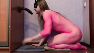 Sissy in Pink Deepthroats a Dildo and Plays with her Clitty - 5 image