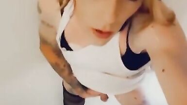 Cute Trans in White Strokes her Clitty - 5 image