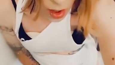 Cute Trans in White Strokes her Clitty - 7 image