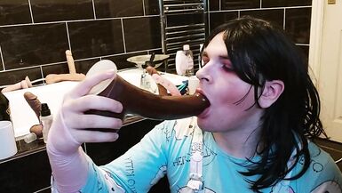 White Femboy Learns his Place, Deepthroating BBC Dildo while Masturbating