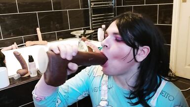 White Femboy Learns his Place, Deepthroating BBC Dildo while Masturbating - 5 image