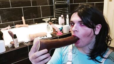 White Femboy Learns his Place, Deepthroating BBC Dildo while Masturbating - 8 image