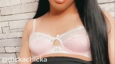 TRANNY with 8 Inch DICK Cums on her Skirt and Licks it Up! - 10 image