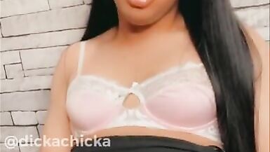 TRANNY with 8 Inch DICK Cums on her Skirt and Licks it Up! - 11 image