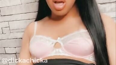 TRANNY with 8 Inch DICK Cums on her Skirt and Licks it Up! - 12 image