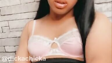 TRANNY with 8 Inch DICK Cums on her Skirt and Licks it Up! - 13 image