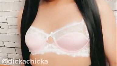 TRANNY with 8 Inch DICK Cums on her Skirt and Licks it Up! - 2 image