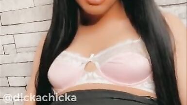 TRANNY with 8 Inch DICK Cums on her Skirt and Licks it Up! - 4 image