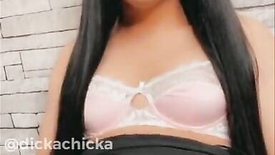 TRANNY with 8 Inch DICK Cums on her Skirt and Licks it Up! - 7 image