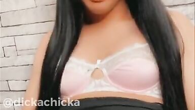 TRANNY with 8 Inch DICK Cums on her Skirt and Licks it Up! - 8 image