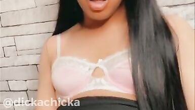 TRANNY with 8 Inch DICK Cums on her Skirt and Licks it Up! - 9 image