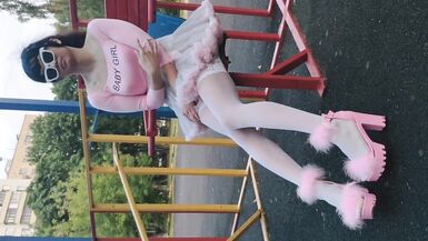 Pink Sissy Ponyboy in Sexy Stockings Posing in Public and Jumping on the Cam - 2 image