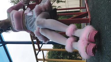 Pink Sissy Ponyboy in Sexy Stockings Posing in Public and Jumping on the Cam - 3 image