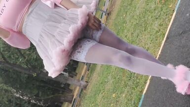 Pink Sissy Ponyboy in Sexy Stockings Posing in Public and Jumping on the Cam - 4 image