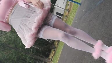 Pink Sissy Ponyboy in Sexy Stockings Posing in Public and Jumping on the Cam - 5 image