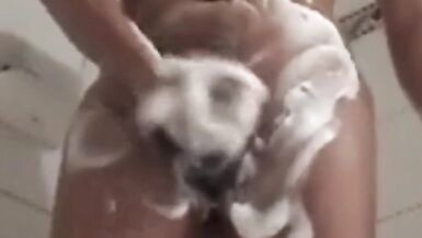 Asian Shemale Masturbate her Cock with Bubbles in the Shower