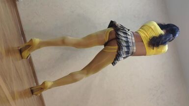 Sissy Ponyboy in Yellow Pantyhose with Tiny Dick Dancing and Showing her Super Body - 1 image