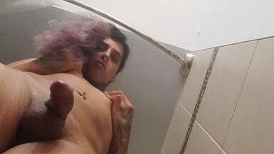 POV Sissy TS Tranny Cums on you in Shower