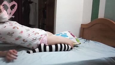 Diapered Trans Girl Humping a Pillow with a Dildo up her Ass - 10 image