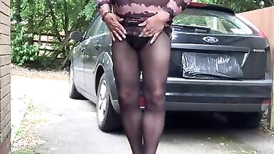 Cd Kelly horny wank in see thru dress black tights heels - 2 image