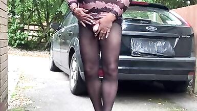 Cd Kelly horny wank in see thru dress black tights heels - 3 image